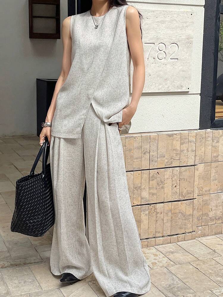 2pcs/Set Women Casual Wrap Vest & Wide Leg Pants Set
