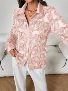 SHEIN Clasi Damen Herbst Mode einfarbige Bluse mit Fransensaum - Babypink - Übersicht 5