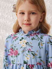 SHEIN 年轻女孩法式优雅蓝色花卉图案腰部 A 字形连衣裙，春夏 - 彩色 - 查看 5