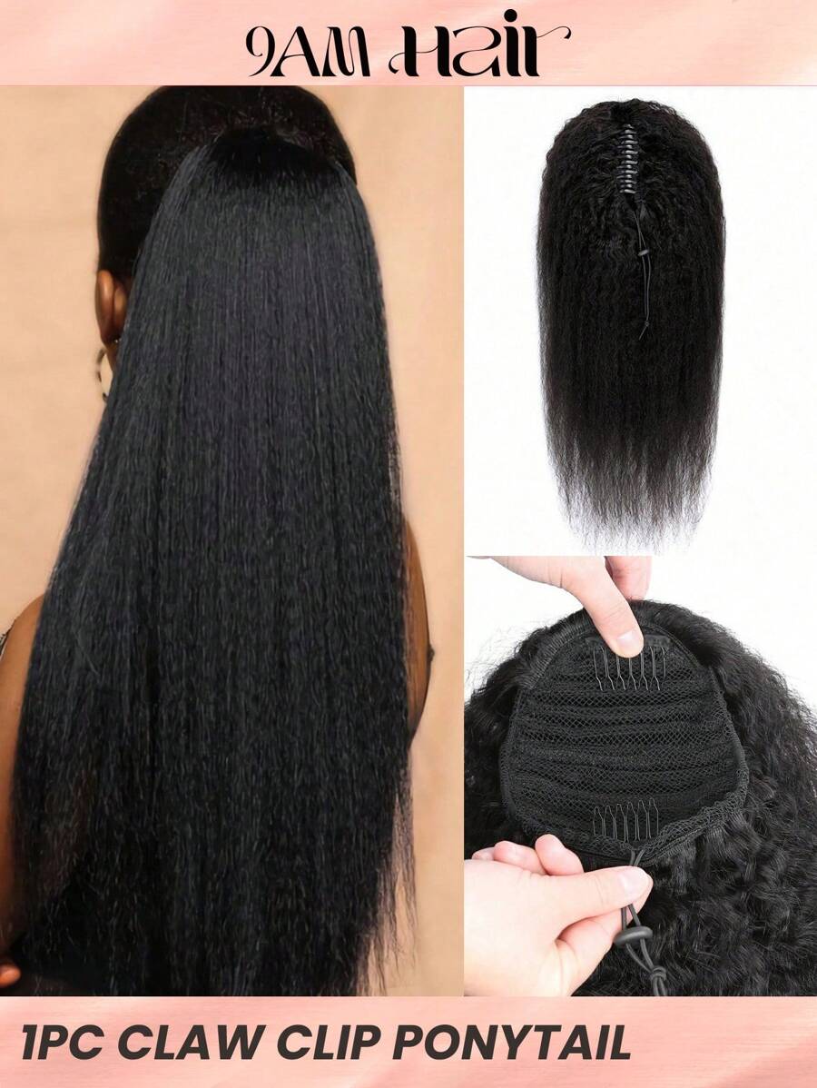 1pc Claw Clip Kinky Straight Ponytail Human Hair Extension Natural Black Color Extensions For Women Daily Use Easy To Wear Natural Black Color Hair Extensions - Natural Black - View 1