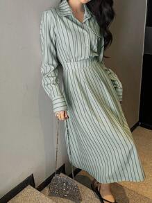 DAZY 女士条纹衬衫式中长连衣裙，后收腰，休闲女装，秋季长袖连衣裙