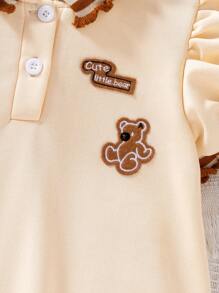 年轻女孩夏季休闲马球领泡泡袖小熊刺绣迷你连衣裙 - 黃色 - 查看 5