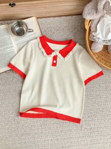 SHEIN Young Girls Red Fitted Polo Neck Sweater, Autumn/Winter - Beige - View 1