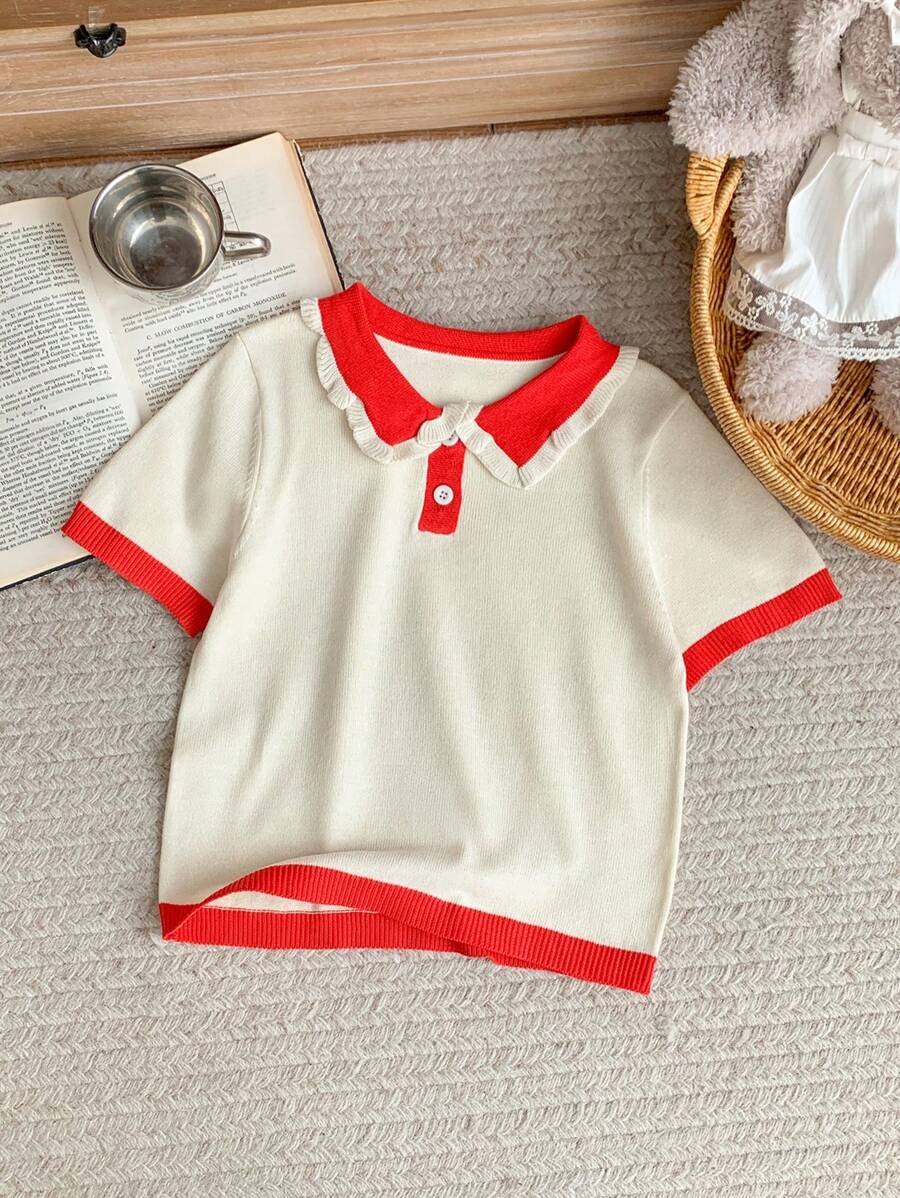 SHEIN Young Girls Red Fitted Polo Neck Sweater, Autumn/Winter - Beige - View 1