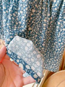 Blossori Young Girls' French Elegant Blue Ditsy Floral Color Block Collar Loose Woven Dress, Spring/Summer