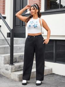 SHEIN EZwear Plus Solid Straight Leg Jeans - Black - View 5