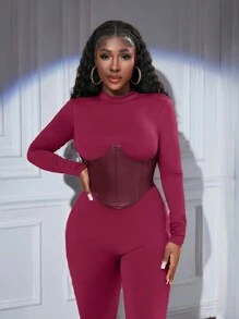 Slaydiva Neue Lässig Street Jumpsuit für Herbst und Winter mit Stehkragen, Langarm, PU Fake Gürteldesign, braun melierter Strickstoff mit PU Hose, enge Passform für Damen