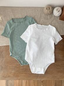 SHEIN 2 stuks/set babymeisje schattige gebreide romperset met korte mouwen