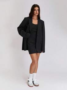 SHEIN Unity Women's Front Button Long Sleeve Lapel Neck Striped Minimalist Blazer Fall Cloth For Women - Black - View 4