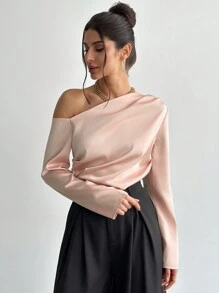 Firerie 节日新款优雅香槟色缎面长袖不对称领褶皱腰衬衫，适合通勤、情人节春夏装