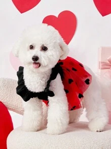 PETSIN 1pc Cute Heart Print & Mesh Contrast Dog Dress, Black With Red Heart, Suitable For Pet Valentine's Day