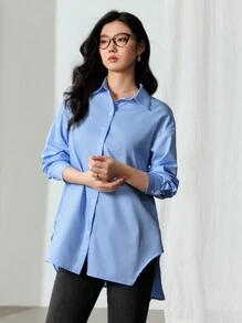 EastFlair Camisas casuales de mujer de manga larga con caída de hombros y abotonadura sencilla en unicolor, para otoño