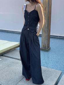 DAZY Bộ đồ liền thân quần jeans ống rộng dây đinh tán màu trơn dành cho nữ - Rửa tối - Xem 8