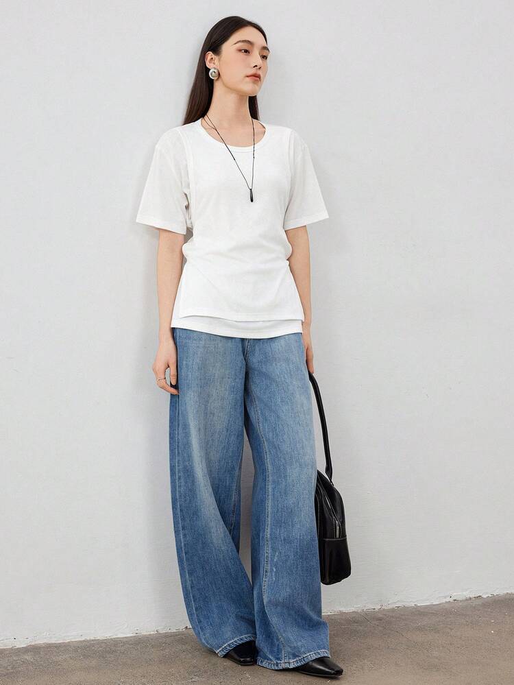 1pc Women Business Casual 2 In 1 Spliced Slim Fit Simple Short Sleeve T-Shirt