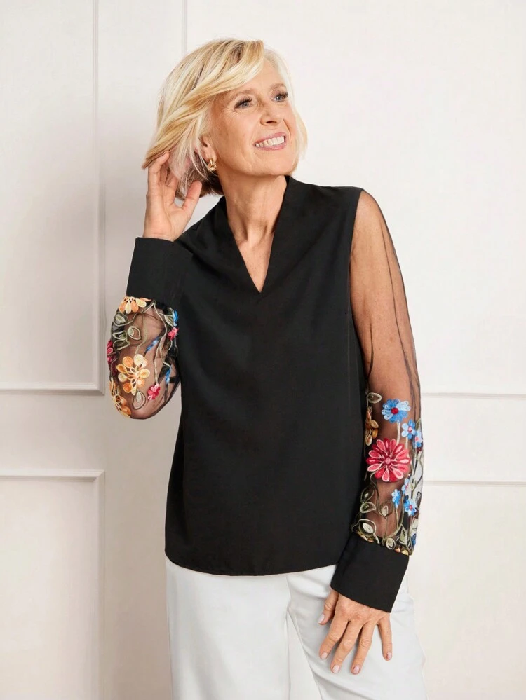 女性用Vネック フローラル刺繍 メッシュパッチワーク エレガントブラウス