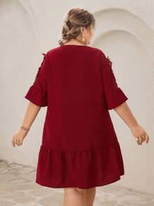 SHEIN VCAY 大码度假岛休闲浪漫红色蕾丝边连衣裙，情人节 - 紅色 - 查看 2