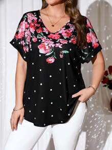 EMERY ROSE 大码女式花卉印花蝙蝠袖情人节 T 恤，女士夏季服装 - 彩色 - 查看 3