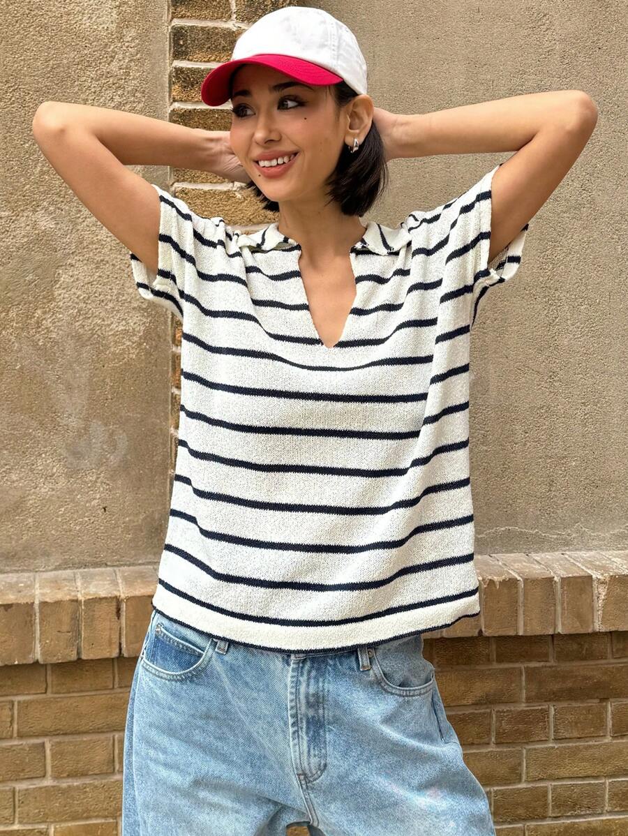 DAZY Women's Casual Striped Contrast Color Polo Collar Short Sleeve Knitted Top, Spring/Summer,Fall Clothes - White - View 1