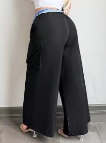 SHEIN SXY Plus Size Women's Spring/Summer Sexy Fashion Plaid Frill Patchwork Big Pocket Wide Leg Pants, Suitable For Date Night, Birthday, Bachelorette Party, Cute, Casual, Shopping, Streetwear, Going Out, Easy To Match & Looks Slim, Accentuates Your Body, Flattering Figure - Black - View 2