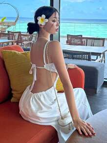 DAZY 女士假日风吊带露背连衣裙，优雅女士设计，适合派对、海滩、节日、返校节、度假、邮轮等场合。 - 白色 - 查看 1