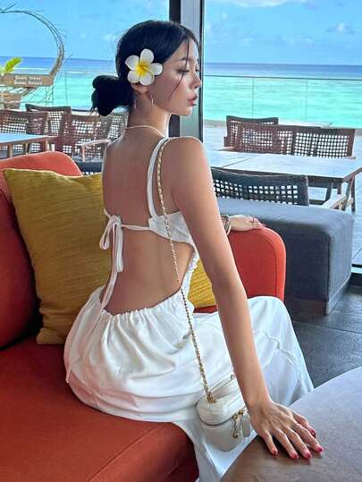 DAZY 假日风吊带露背连衣裙，优雅女士设计，适合派对、海滩、节日、返校节、度假、邮轮等场合，长款连衣裙