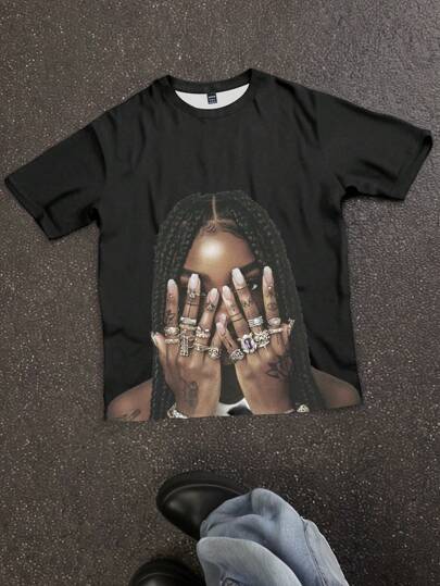 Slaydiva Camiseta de manga corta y cuello redondo holgada con gráfico de tatuaje y moño despeinado para mujer, de primavera/verano