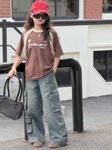 DAZY Girls' Large Pocket Decorated Denim Long Pants, Spring/Summer, Tween Girl,Back To School Clothes