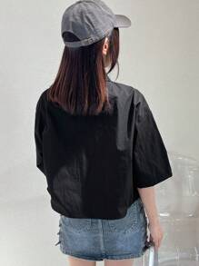 FRIFUL Women's Casual Solid Color Mesh Panel Shirt - Black - View 6