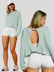 VARSITIE Women's Casual Solid Color Backless Cropped Sports T-Shirt - Mint Green - View 1