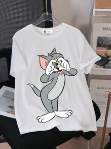 TOM & JERRY X SHEIN Tween Boy Casual Cat Print Short Sleeve Valentine's Day T-Shirt, Suitable For Summer