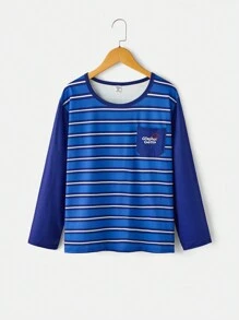 Teen Boys' Round Neck Long Sleeve Simple Casual Everyday Top And Pants Home Wear Set - Blue - View 4