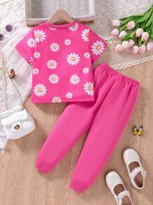2pcs Young Girl Casual Pink Flower Short Sleeve T-Shirt & Drawstring Pants Set