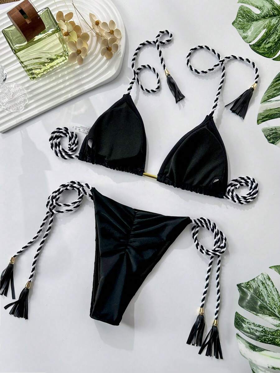 SHEIN Swim Summer Solid Color Simple Triangle Cup Black & White Woven Tie Tassel Two-Piece Bikini Set - Black - View 1