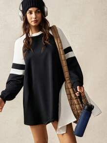 VARSITIE Round Neck Long Sleeve Black & White Contrast Hollow Back Loose Casual Dress - Black and White - View 1