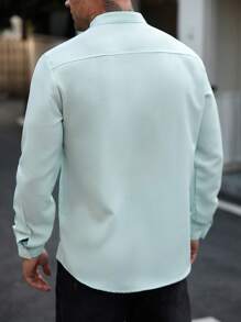 Manfinity Homme Men's Casual Business Commute Solid Color Long Sleeve Button-Up Shirt,Men's Solid Color Texture Casual Wrinkle Double Patch Bag Commuting Light Mature Long Sleeved Button Up Shirt - Green - View 2