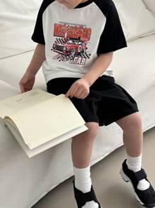 DAZY 2pcs/Set Young Boy Raglan Sleeve Print Top And Solid Shorts Set - Black and White - View 3