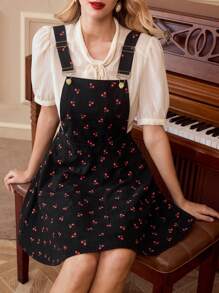 Vintamour Vintage Retro Elegant Women Cherry Print Square Neck Sleeveless Bib Overall Dress With Ruched, Pockets A-Line Dress New Years Women Outfit Vacation Outfits Woman Summer Outfits - Black - View 3
