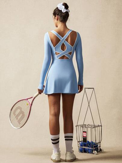 VARSITIE 方领、长袖、大露背、十字镂空、撞色绑带迷你女式运动连衣裙