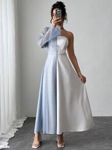 SHEIN Privé Light Blue And White,Autumn,Elegant,Formal Women's Mesh Overlay Single Bell-Sleeve Strapless A-Line Dress Luxurious New Year Party Date - Blue and White - View 9