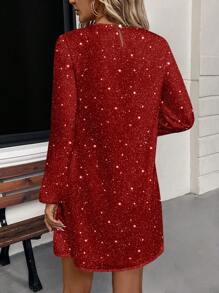 SHEIN LUNE Vestido corto de mujer de manga larga y cuello redondo con patrón brillante informal, adecuado para primavera/otoño