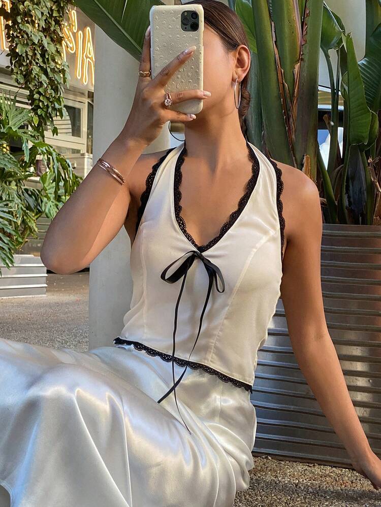 Women's Fitted Satin V-Neck Backless Lace Patchwork Tied Strap Camisole Tank Top,Halter Top