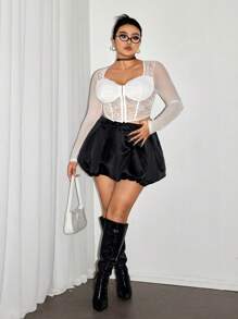 SHEIN ICON Plus Size Black Pleated Bubble Skirt, Casual For Everyday Wear