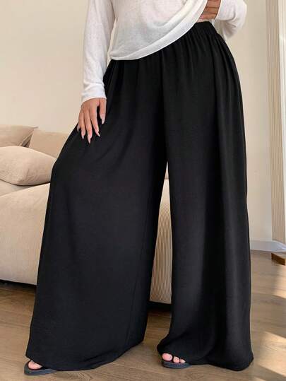 Dazy Petite Plus Plus Size Elastic Waist Solid Color Loose Wide Leg Casual Pants, Black, All Seasons Fall