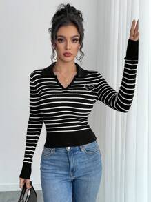 Chiquease Stylish Color-Block Striped Knitted Long Sleeve Sweater Top, Heart Embroidery Ribbed Waist Design, Versatile For Women