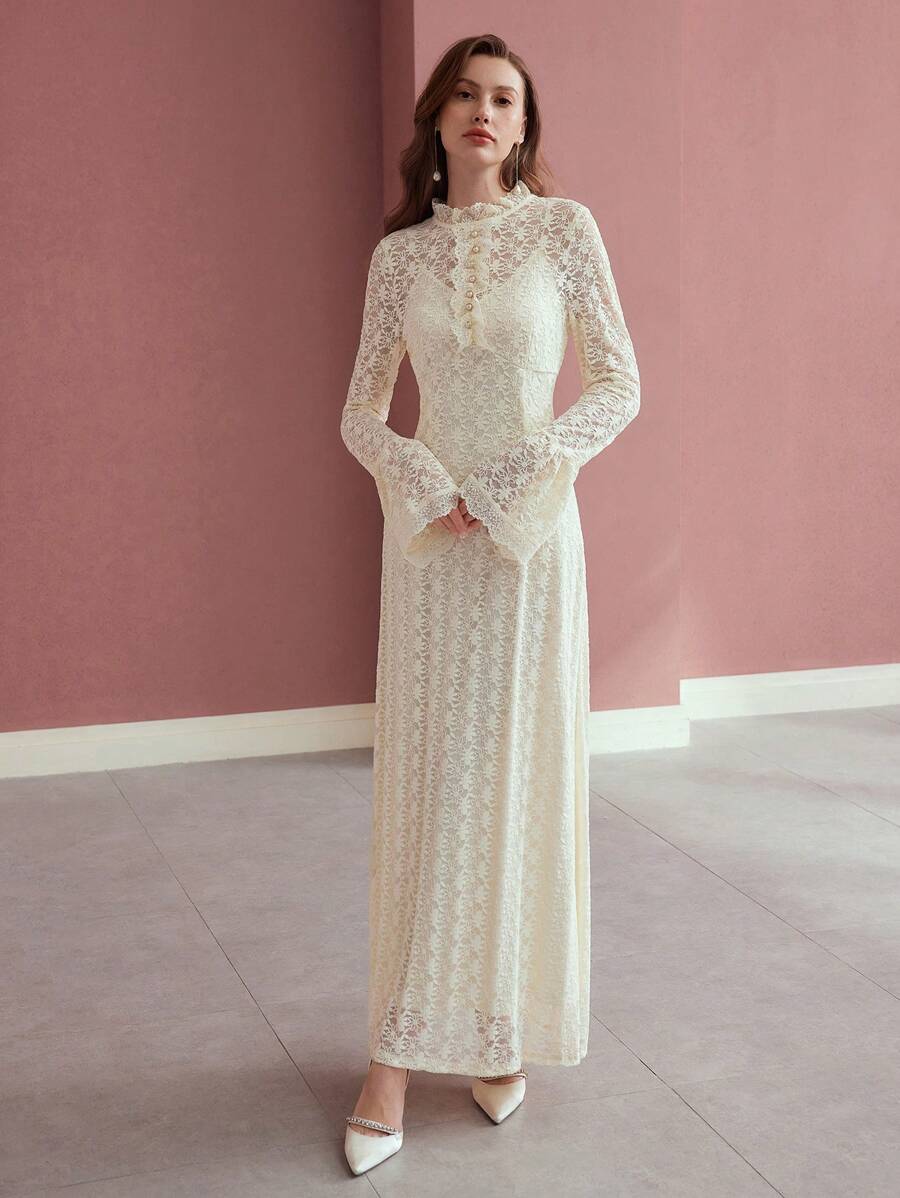 MOTF PREMIUM 蕾丝垂褶喇叭袖连衣裙 - 杏色 - 查看 1