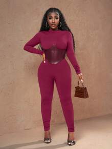 Slaydiva Neue Lässig Street Jumpsuit für Herbst und Winter mit Stehkragen, Langarm, PU Fake Gürteldesign, braun melierter Strickstoff mit PU Hose, enge Passform für Damen