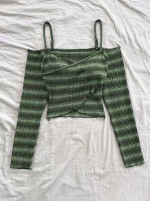 Soleia Top de hombros abiertos con cuello en V en degradado para vacaciones, top corto de punto con bajo cruzado - Verde - Ver 6