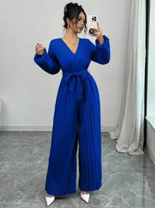 Elenzga Mono de manga abullonada con cuello en V y cintura ajustada, pierna larga con pliegues y pernera ancha, nuevo diseño primaveral