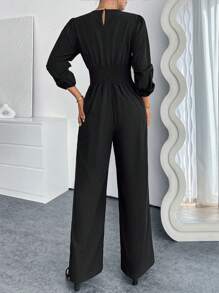 Pariaura Women's V-Neck Pleated Solid Long Sleeve Jumpsuit - Black - View 2