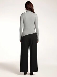 Modelyn Women Casual Everyday Versatile Solid Color High Neck Asymmetrical Hem Ruched Fitted Long Sleeve T-Shirt, Autumn Style - Dark Grey - View 3